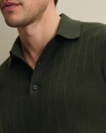 Cotton Stripe Textured Knitted Polo - Olive Green - Image 2