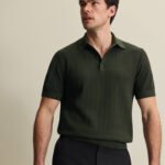 Cotton Stripe Textured Knitted Polo - Olive Green