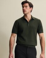 Cotton Stripe Textured Knitted Polo - Olive Green